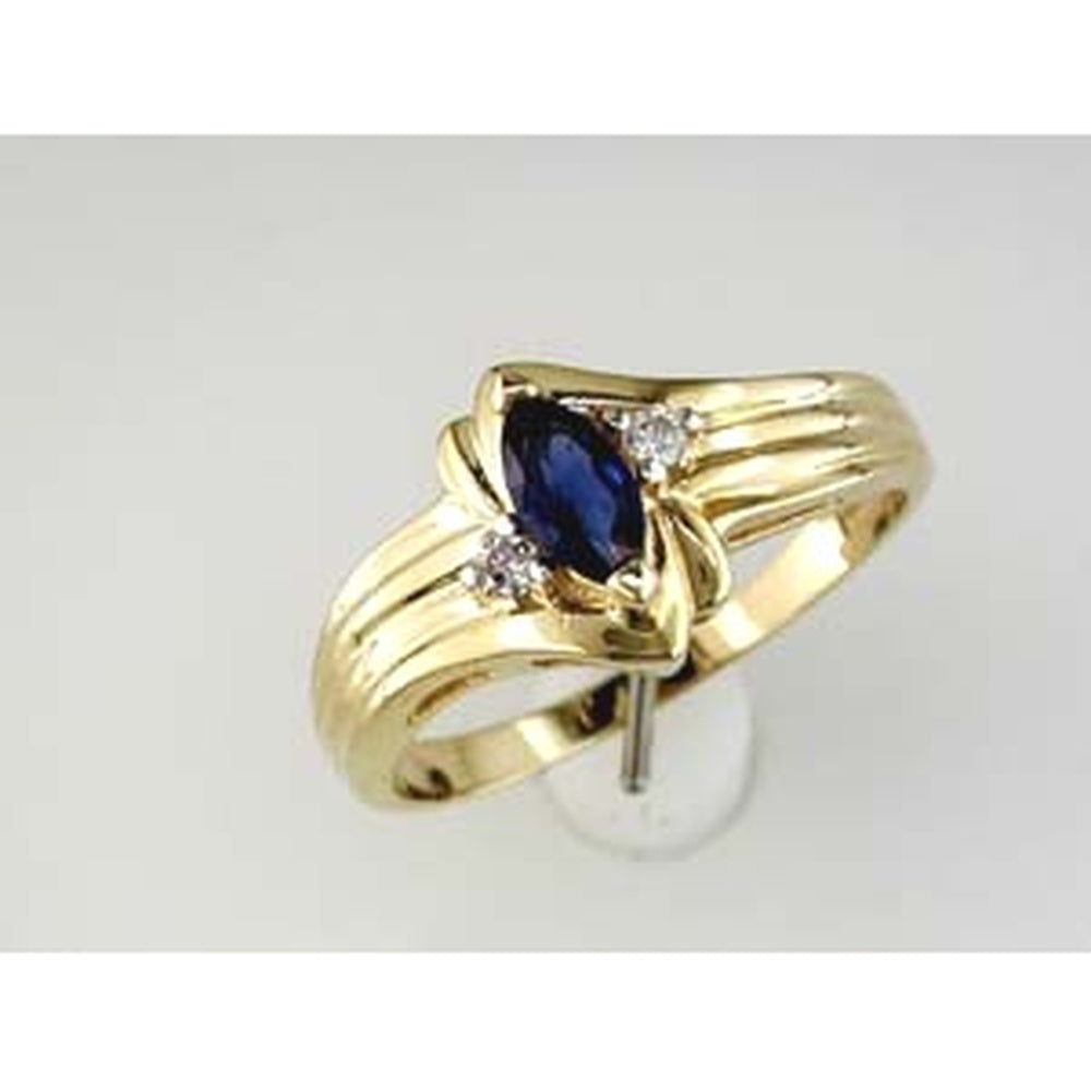 14K Yellow Gold 3-Stone Ring with Marquise-Cut Blue Sapphire and Round Diamond Accents - 0.05 Carat Total Diamond Weight - Royal Jewelry