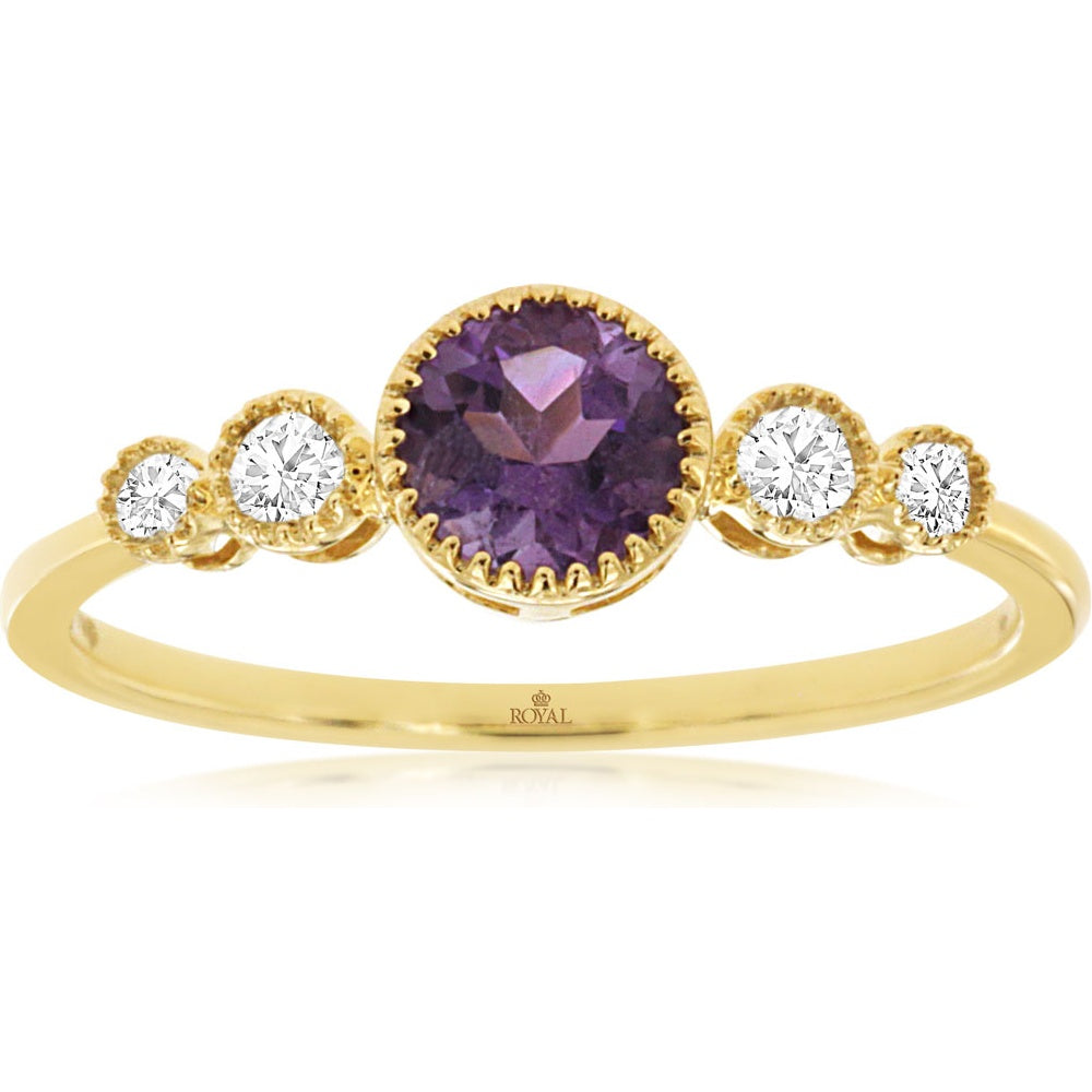 14K Yellow Gold 3-Stone Ring with Round Amethyst and Milgrain Set Diamond Accents - 0.45 Carat Amethyst and 0.11 Carat Total Diamond Weight - Royal Jewelry