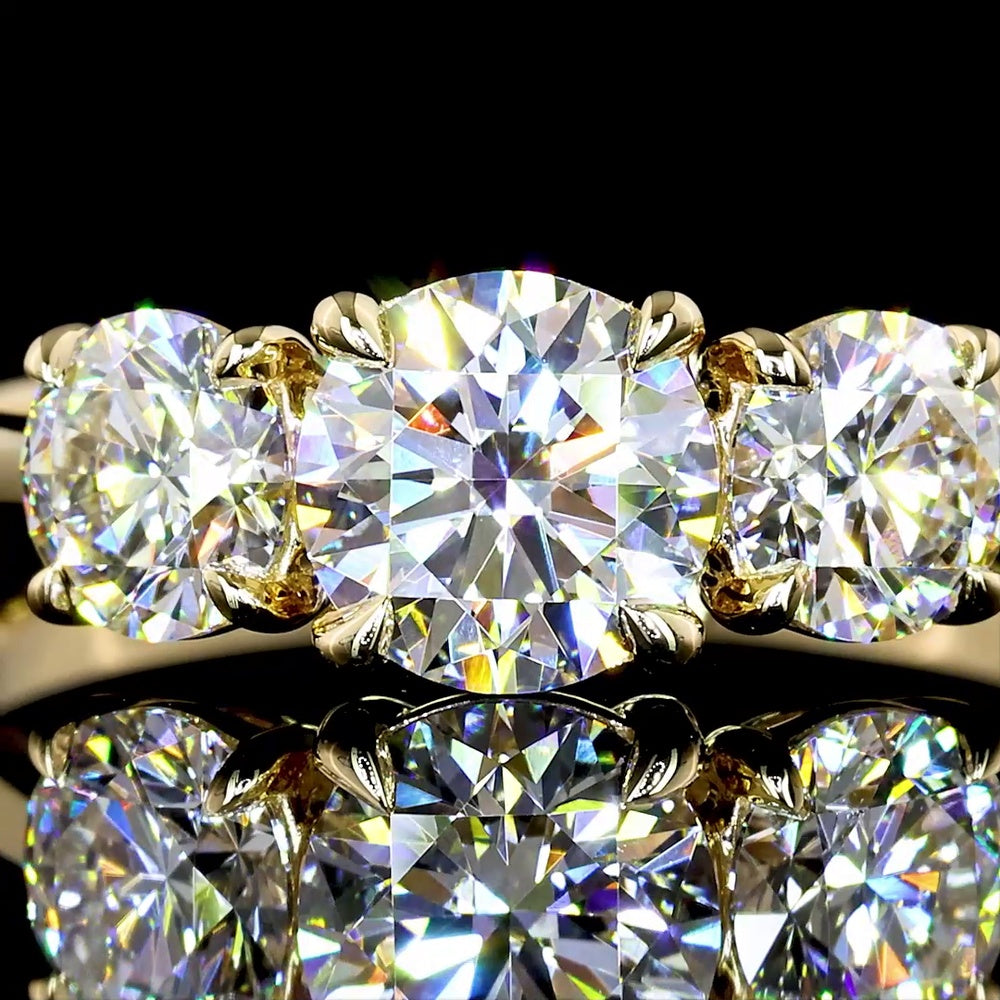 14K Yellow Gold 3-Stone Ring with Round Lab-Grown Diamonds - 1.44 Carats Total Weight (0.72 Carats Center D VVS2 & 0.72 Carats Side Stones E VS2) - Covaloro Fine Jewelry