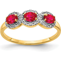 14K Yellow Gold 3-Stone Ruby and Diamond Ring with Oval Rubies and Round Diamond Halos by 0