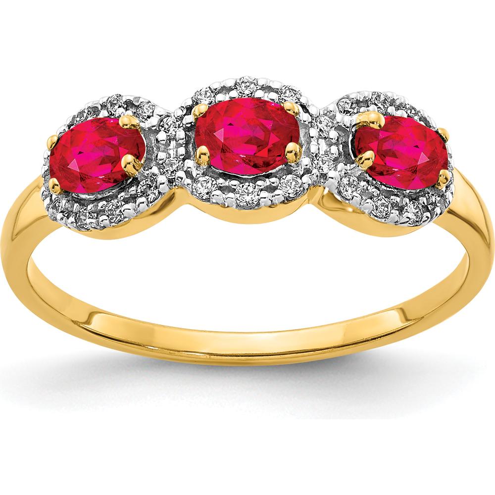14K Yellow Gold 3-Stone Ruby and Diamond Ring with Oval Rubies and Round Diamond Halos by 0