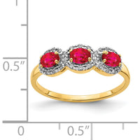14K Yellow Gold 3-Stone Ruby and Diamond Ring with Oval Rubies and Round Diamond Halos by 0