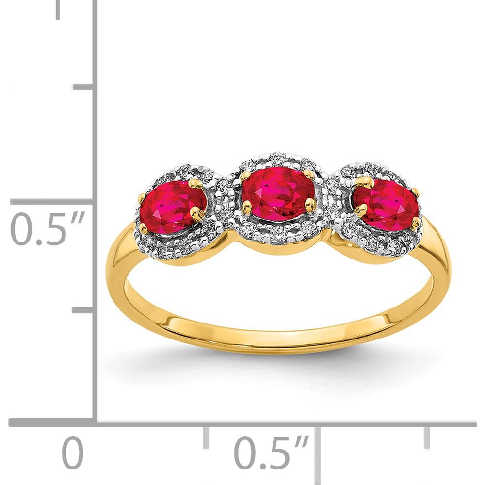 14K Yellow Gold 3-Stone Ruby and Diamond Ring with Oval Rubies and Round Diamond Halos by 0