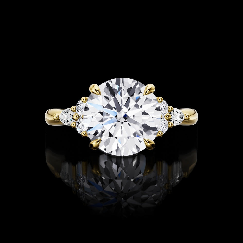 14K Yellow Gold 3-Stone Special Ring with 2.81 Carats Round Brilliant Lab Diamond and Marquise Accents - 3.06 Carats Total Diamond Weight - Covaloro Fine Jewelry