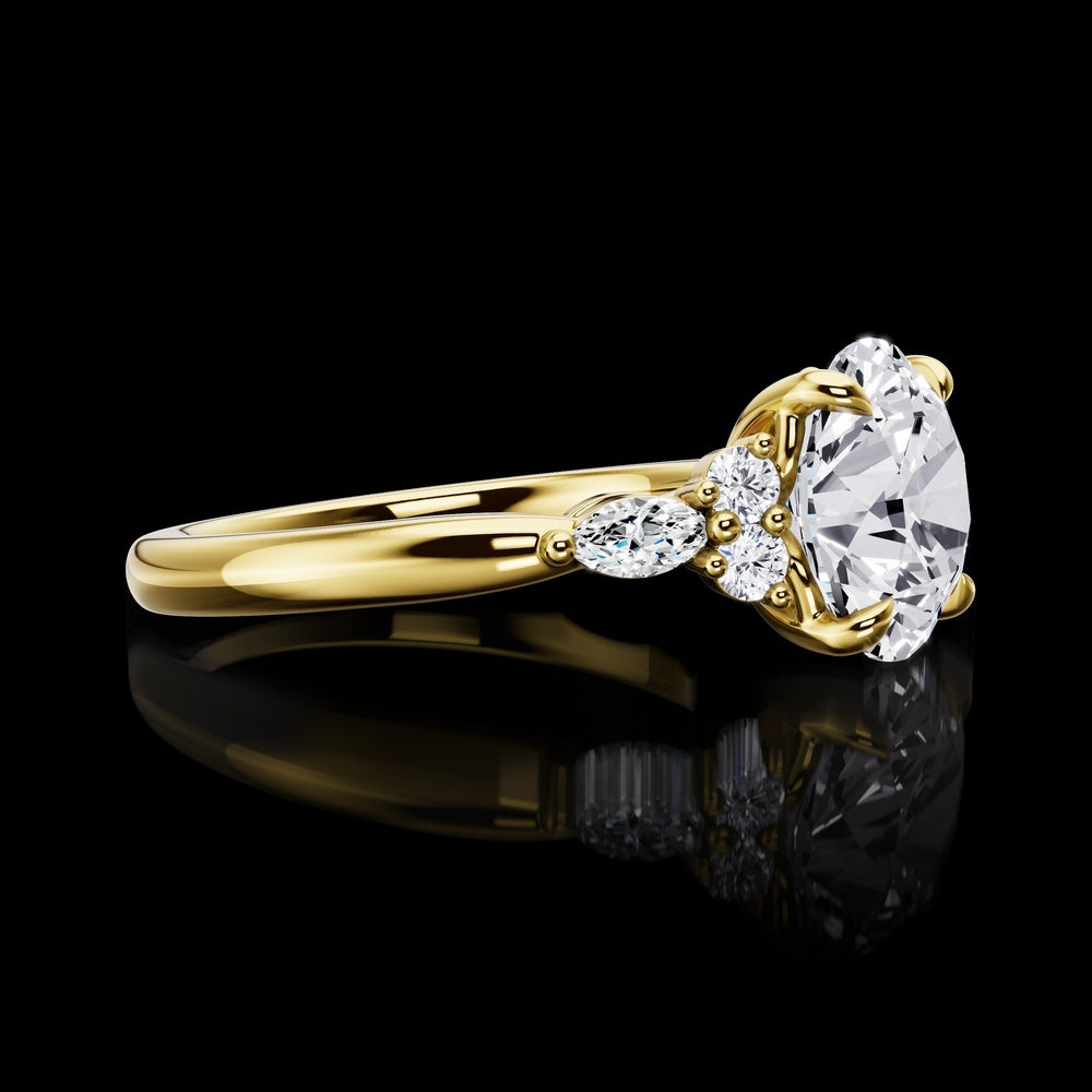 14K Yellow Gold 3-Stone Special Ring with 2.81 Carats Round Brilliant Lab Diamond and Marquise Accents - 3.06 Carats Total Diamond Weight - Covaloro Fine Jewelry