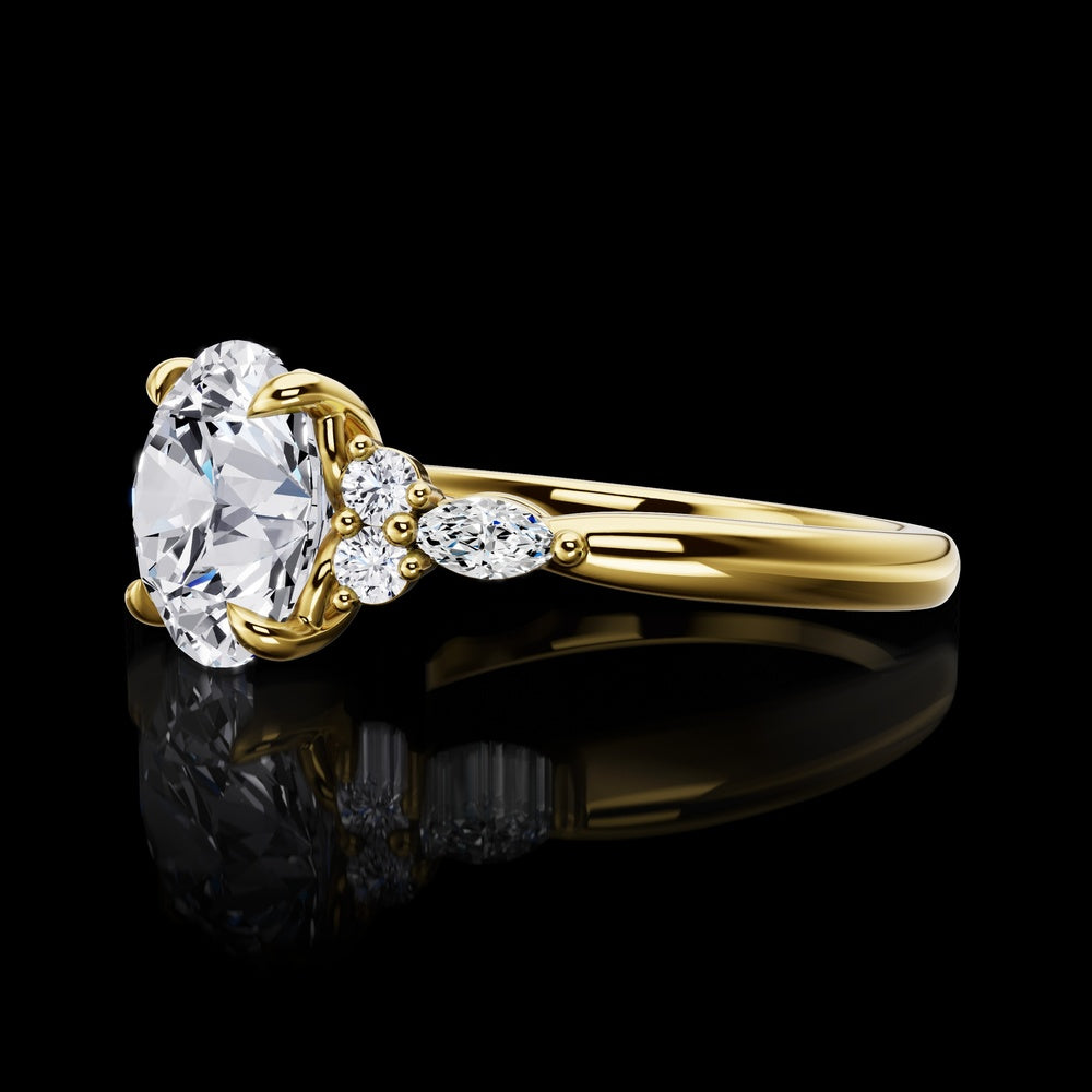 14K Yellow Gold 3-Stone Special Ring with 2.81 Carats Round Brilliant Lab Diamond and Marquise Accents - 3.06 Carats Total Diamond Weight - Covaloro Fine Jewelry