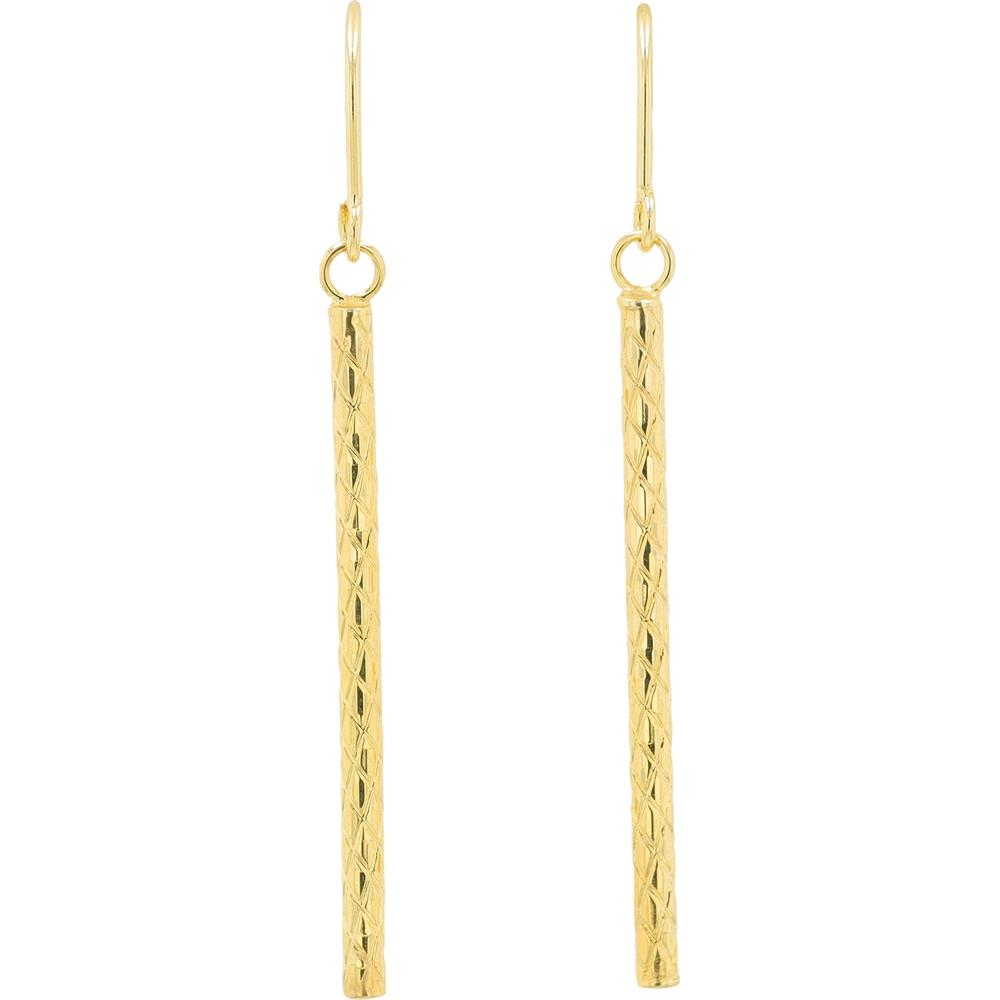 14K Yellow Gold 30mm Bar Drop Earrings with Diamond - Cut Texture