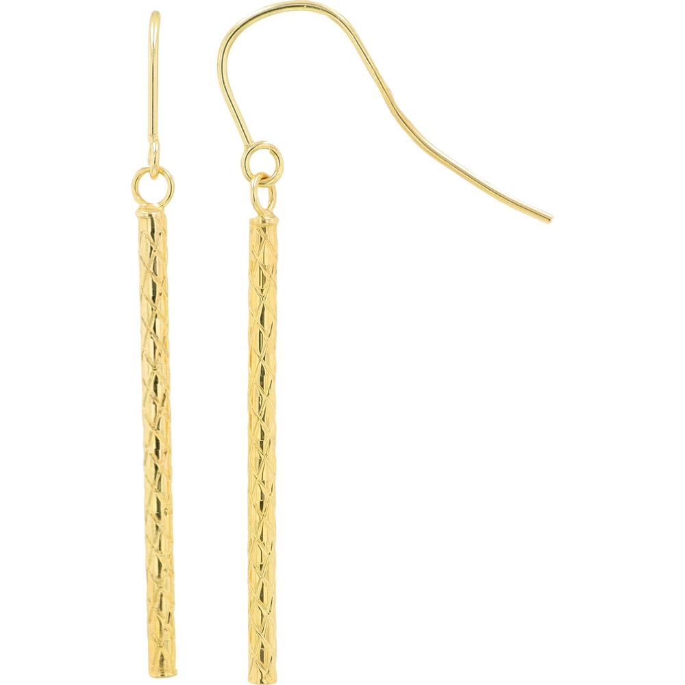 14K Yellow Gold 30mm Bar Drop Earrings with Diamond - Cut Texture