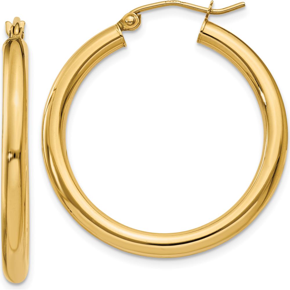 14K Yellow Gold 30mm Polished Lightweight Tube Hoop Earrings - 3mm Thickness by 0