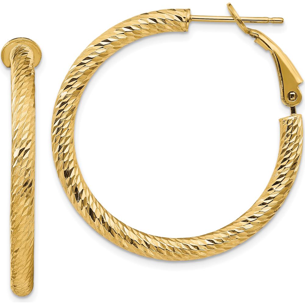 14K Yellow Gold 32mm Diamond-Cut Round Omega Back Hoop Earrings by Oro Pregiato
