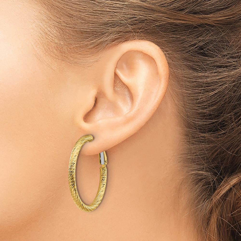 14K Yellow Gold 32mm Diamond-Cut Round Omega Back Hoop Earrings by Oro Pregiato