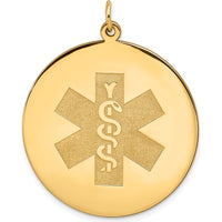 14K Yellow Gold 32mm Round Medical Alert Pendant - Polished Textured Design by Oro Pregiato