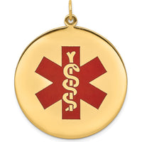 14K Yellow Gold 32mm Round Red Enamel Medical Alert Pendant - Engravable Charm by Oro Pregiato