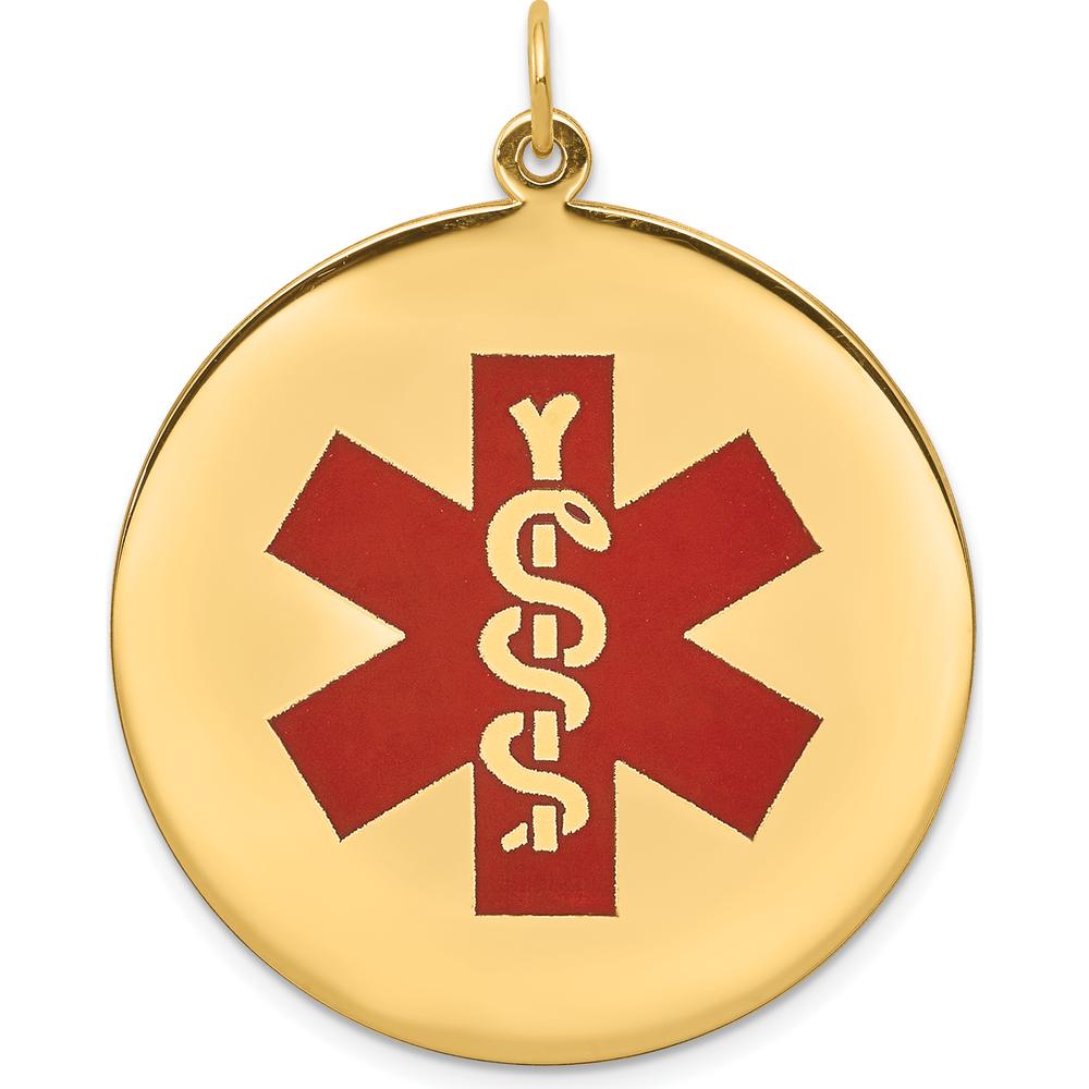 14K Yellow Gold 32mm Round Red Enamel Medical Alert Pendant - Engravable Charm by Oro Pregiato
