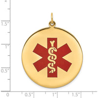 14K Yellow Gold 32mm Round Red Enamel Medical Alert Pendant - Engravable Charm by Oro Pregiato