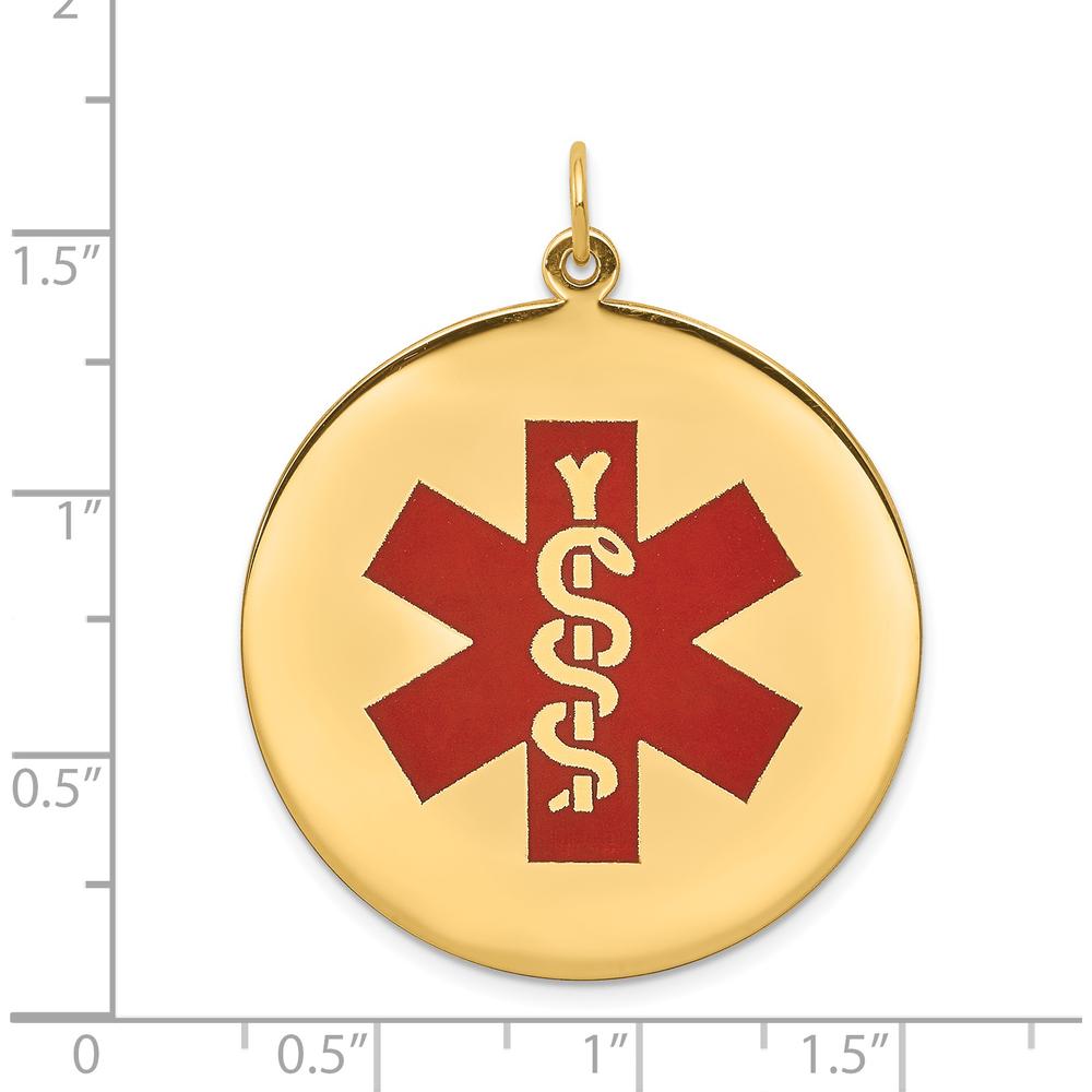 14K Yellow Gold 32mm Round Red Enamel Medical Alert Pendant - Engravable Charm by Oro Pregiato