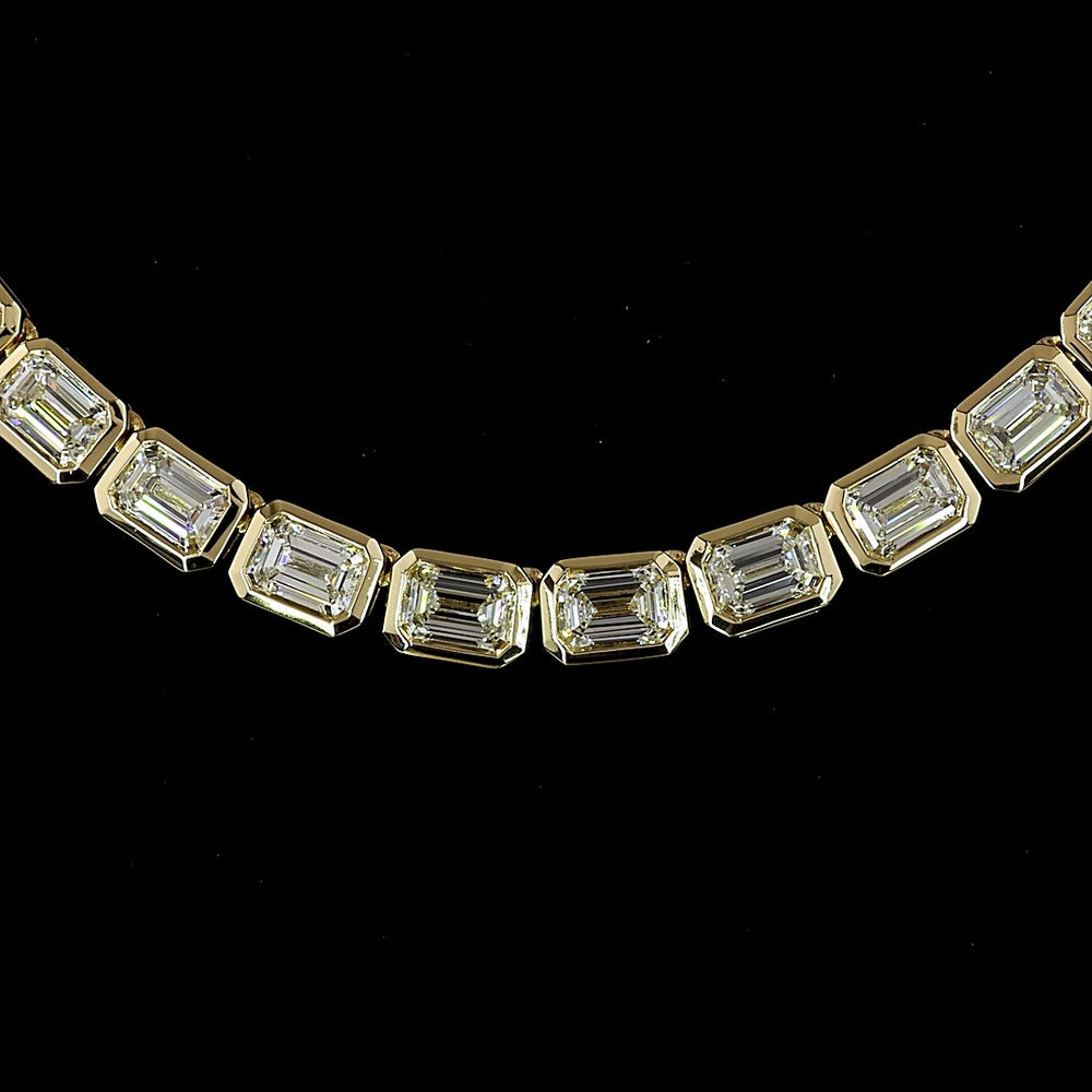 14K Yellow Gold 34-Stone East-West Emerald Cut Lab Diamond Tennis Necklace - 9.85 Carat Total Diamond Weight - Covaloro Fine Jewelry