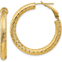 14K Yellow Gold 34mm Diamond-Cut Round Omega Back Hoop Earrings by Oro Pregiato