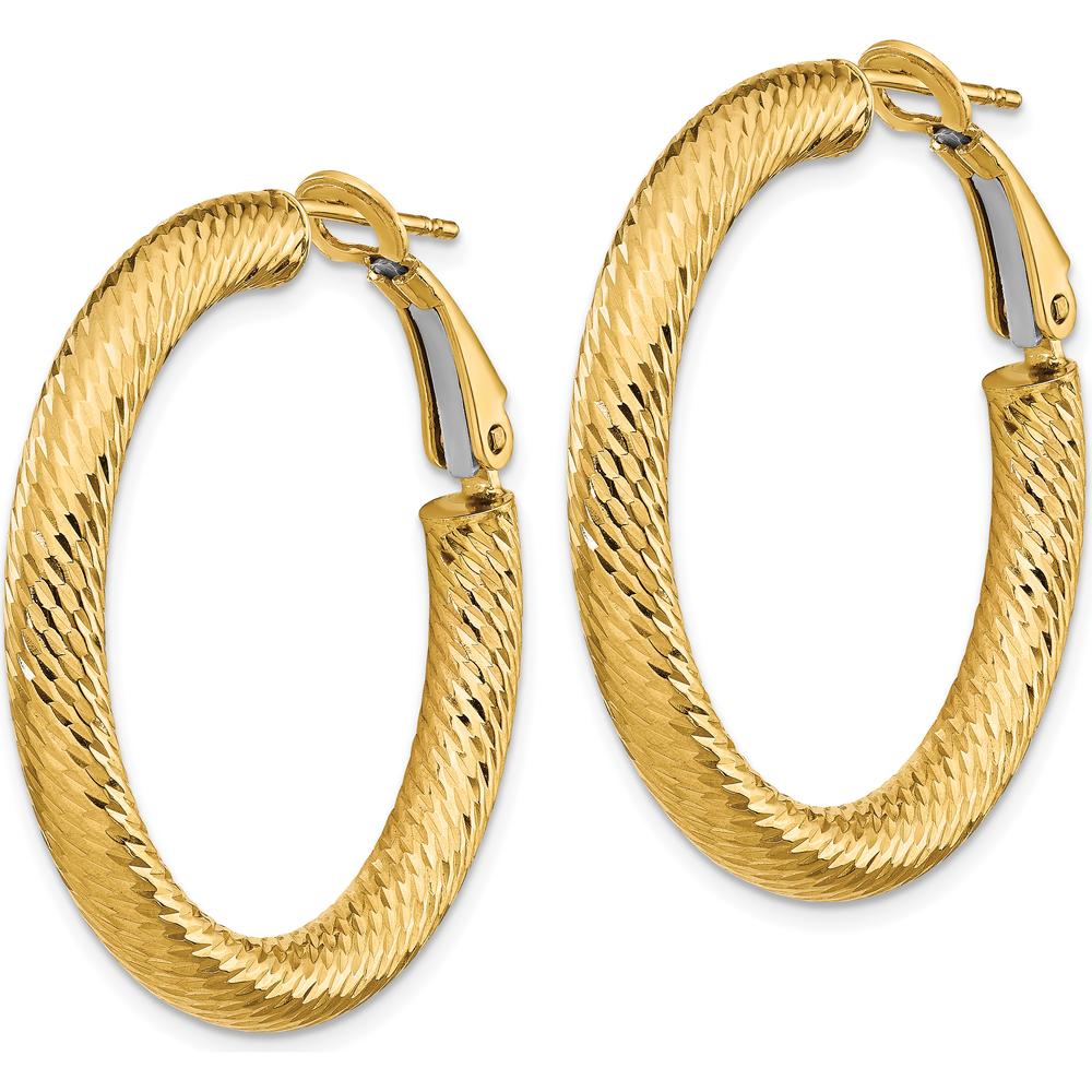 14K Yellow Gold 34mm Diamond-Cut Round Omega Back Hoop Earrings by Oro Pregiato