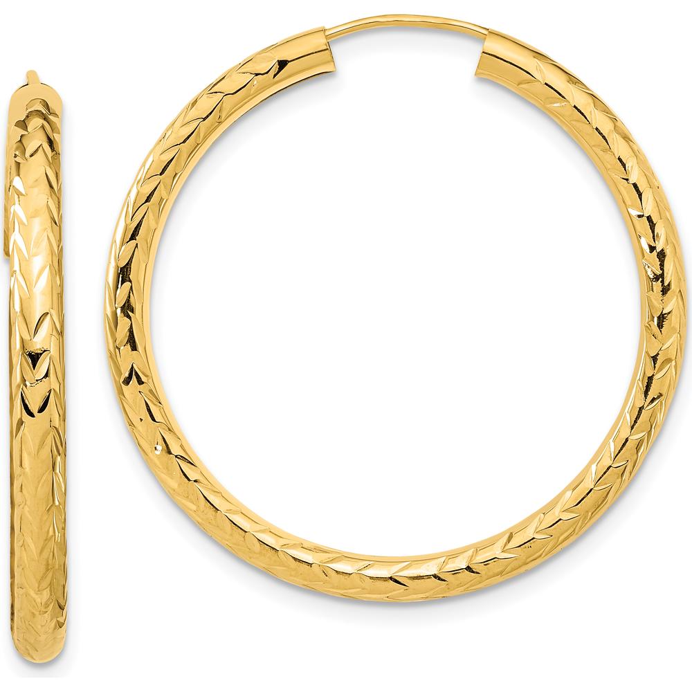 14K Yellow Gold 35mm Polished & Diamond-Cut Endless Hoop Earrings - 3mm Width by 0