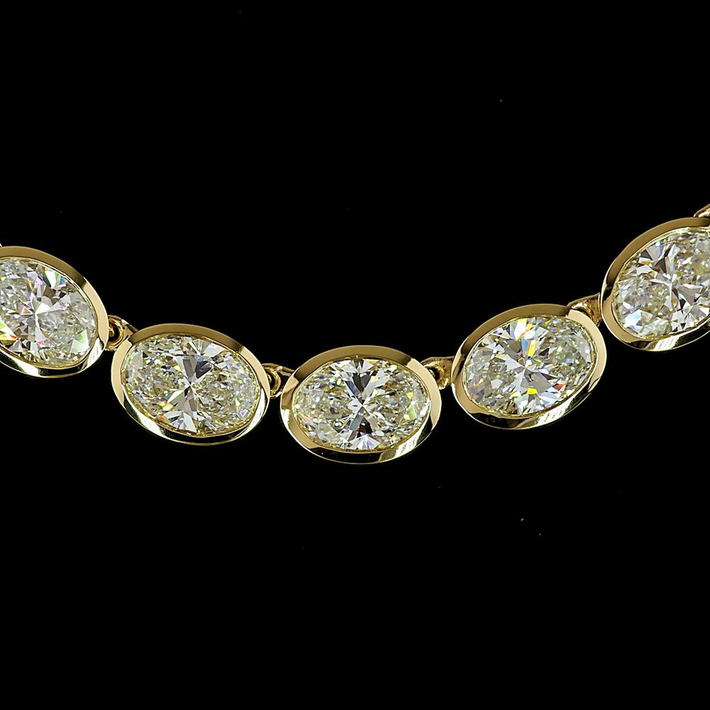 14K Yellow Gold 36.15 Carat Oval Diamond Tennis Necklace with East-West Bezel Set Lab Diamonds - 49 Stones E-F VS - Covaloro Fine Jewelry