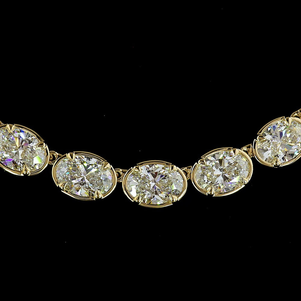 14K Yellow Gold 36.16 Carat Oval Cut Lab Diamond Tennis Necklace with East-West Bezel-Prong Setting - E-F Color VS1 Clarity - Covaloro Fine Jewelry
