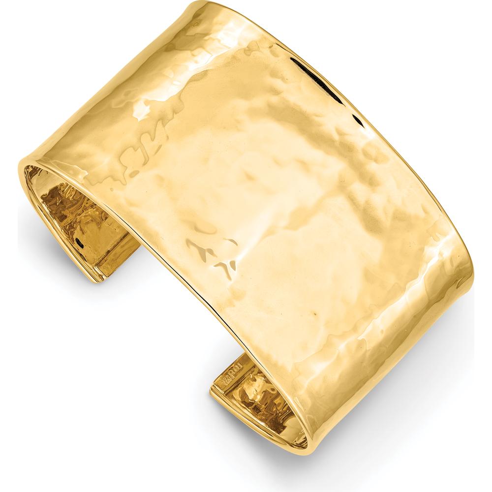 14K Yellow Gold 37mm Hammered Polished Cuff Bangle Bracelet by Oro Pregiato