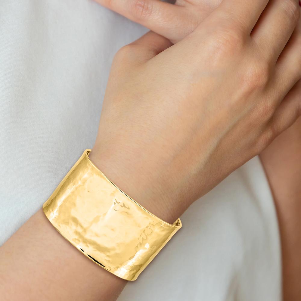 14K Yellow Gold 37mm Hammered Polished Cuff Bangle Bracelet by Oro Pregiato
