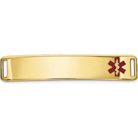 14K Yellow Gold 38x8mm Off-Center Red Epoxy Enamel Medical ID Plate - Engravable, Polished Finish by Oro Pregiato