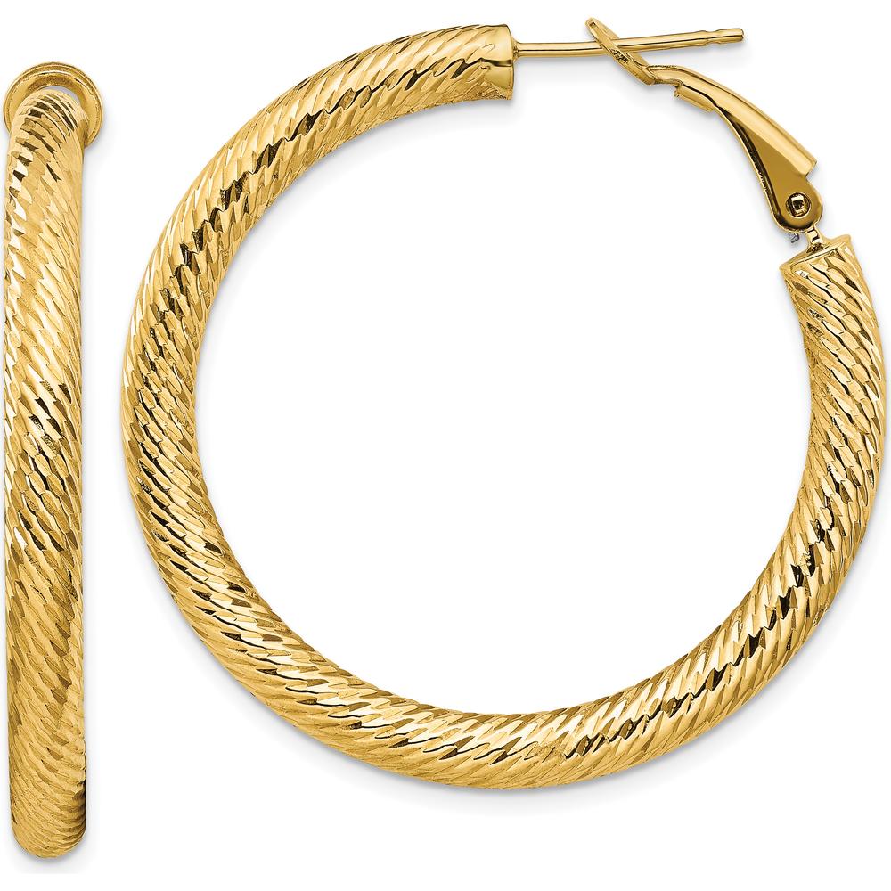 14K Yellow Gold 39mm Diamond-Cut Round Omega Back Hoop Earrings - Polished Finish by Oro Pregiato