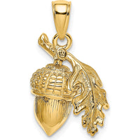 14K Yellow Gold 3D Acorn with Leaf Pendant - Nature-Inspired Charm with Polished Finish by Oro Pregiato