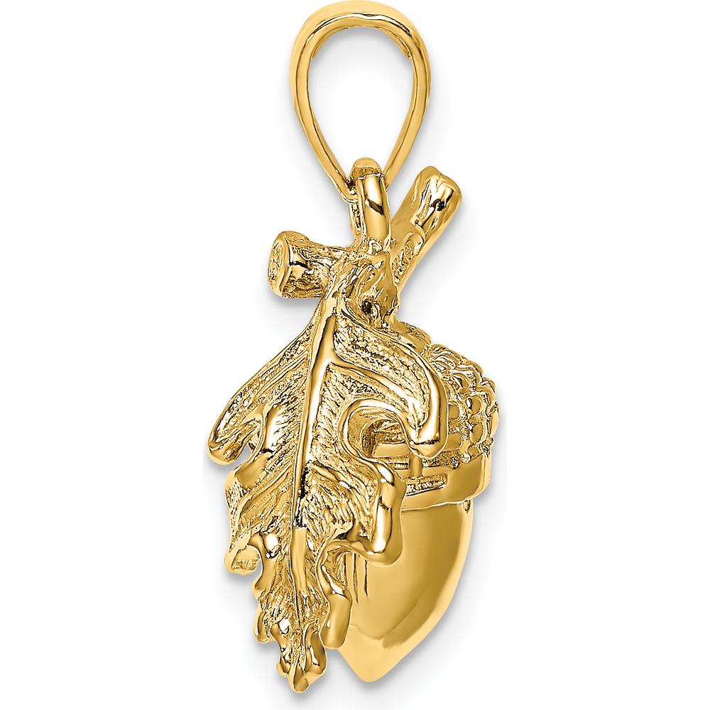 14K Yellow Gold 3D Acorn with Leaf Pendant - Nature-Inspired Charm with Polished Finish by Oro Pregiato