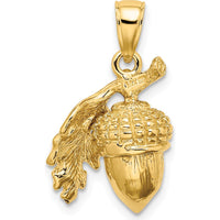 14K Yellow Gold 3D Acorn with Leaf Pendant - Nature-Inspired Charm with Polished Finish by Oro Pregiato