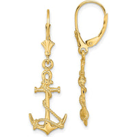 14K Yellow Gold 3D Anchor Drop Earrings with Rope Detail and Leverback Closure by 0