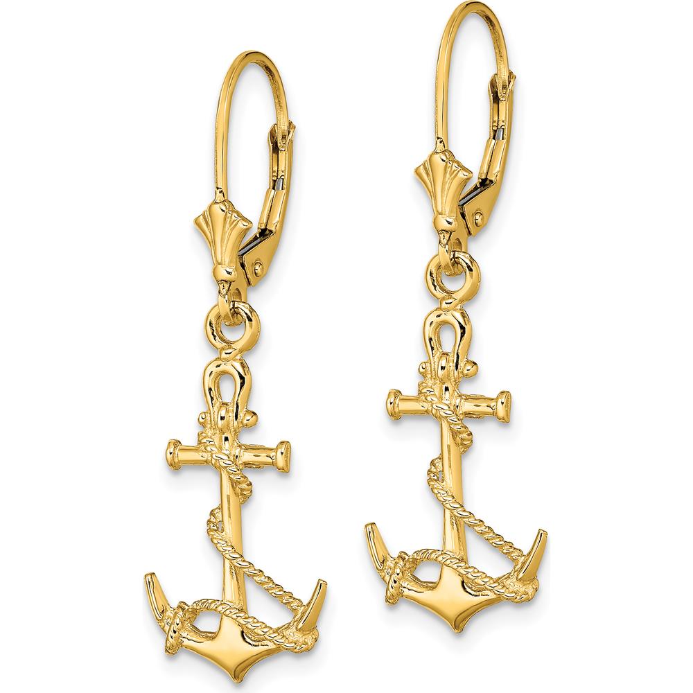 14K Yellow Gold 3D Anchor Drop Earrings with Rope Detail and Leverback Closure by 0