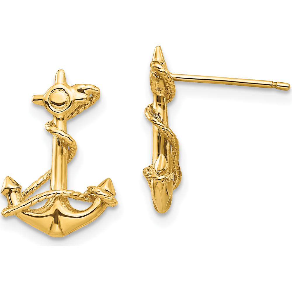 14K Yellow Gold 3D Anchor with Rope Post Earrings - Nautical Design by 0