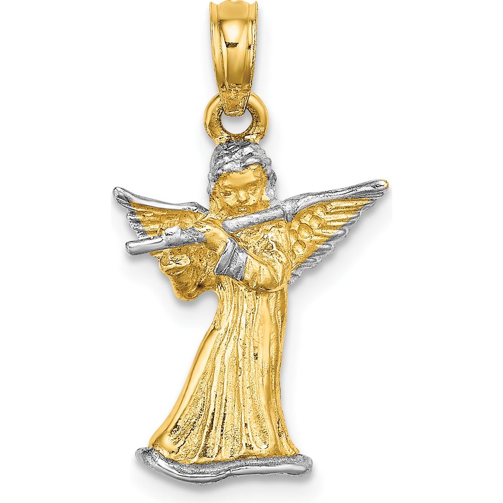 14K Yellow Gold 3D Angel Playing Flute Charm with White Rhodium Accents by Oro Pregiato