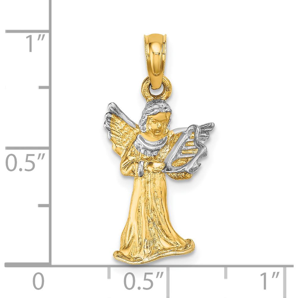 14K Yellow Gold 3D Angel Playing Harp Pendant with White Rhodium Accents by Oro Pregiato