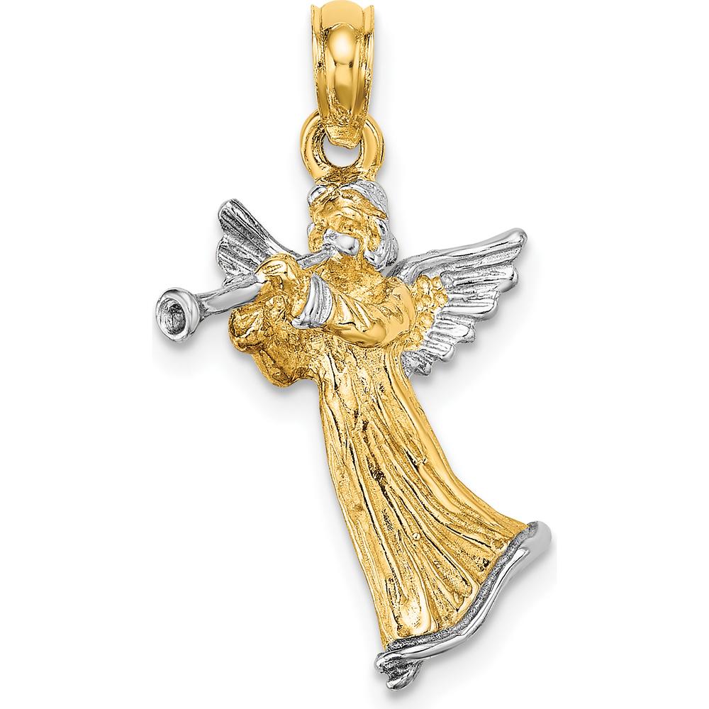 14K Yellow Gold 3D Angel Playing Trumpet Charm with White Rhodium Accents by Oro Pregiato