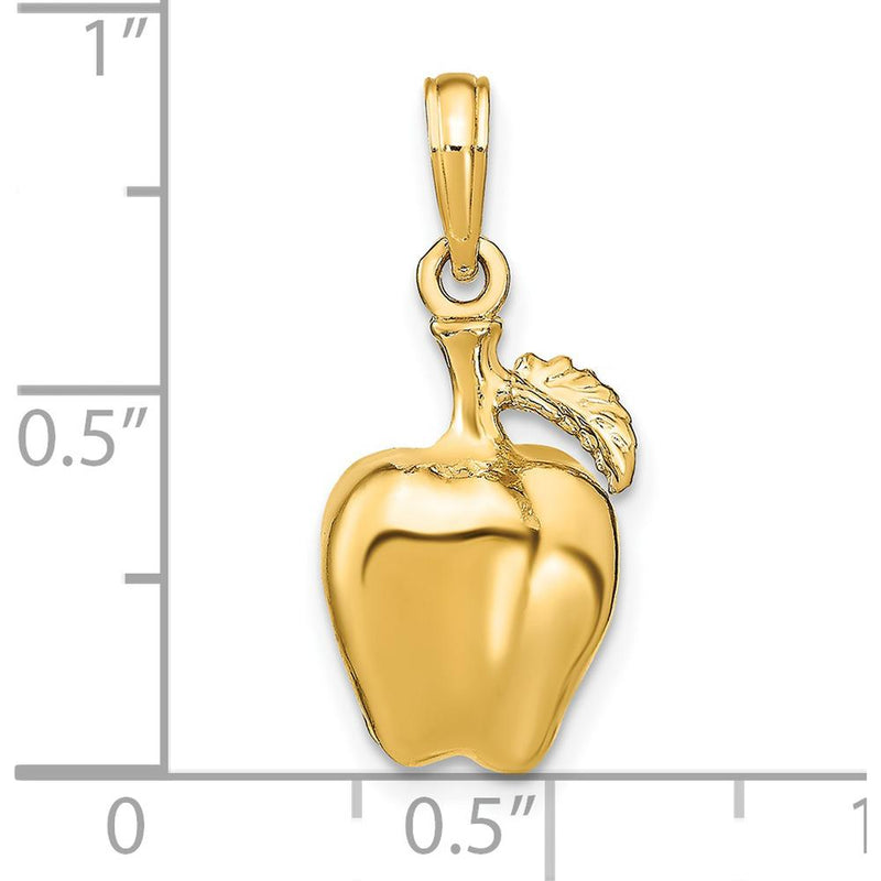 14K Yellow Gold 3D Apple with Stem and Leaf Charm - Polished Finish by Oro Pregiato