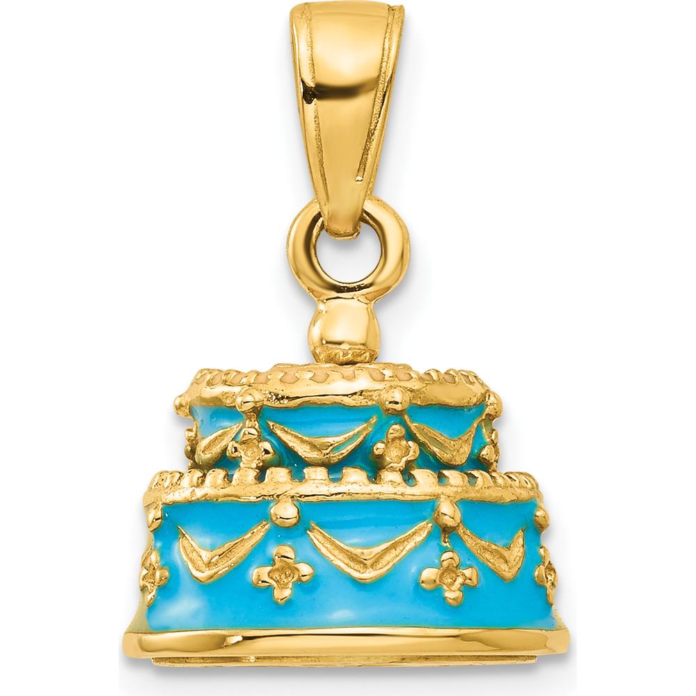 14K Yellow Gold 3D Aqua Blue Enamel Happy Birthday Cake Pendant by Oro Pregiato