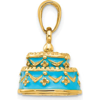 14K Yellow Gold 3D Aqua Blue Enamel Happy Birthday Cake Pendant by Oro Pregiato