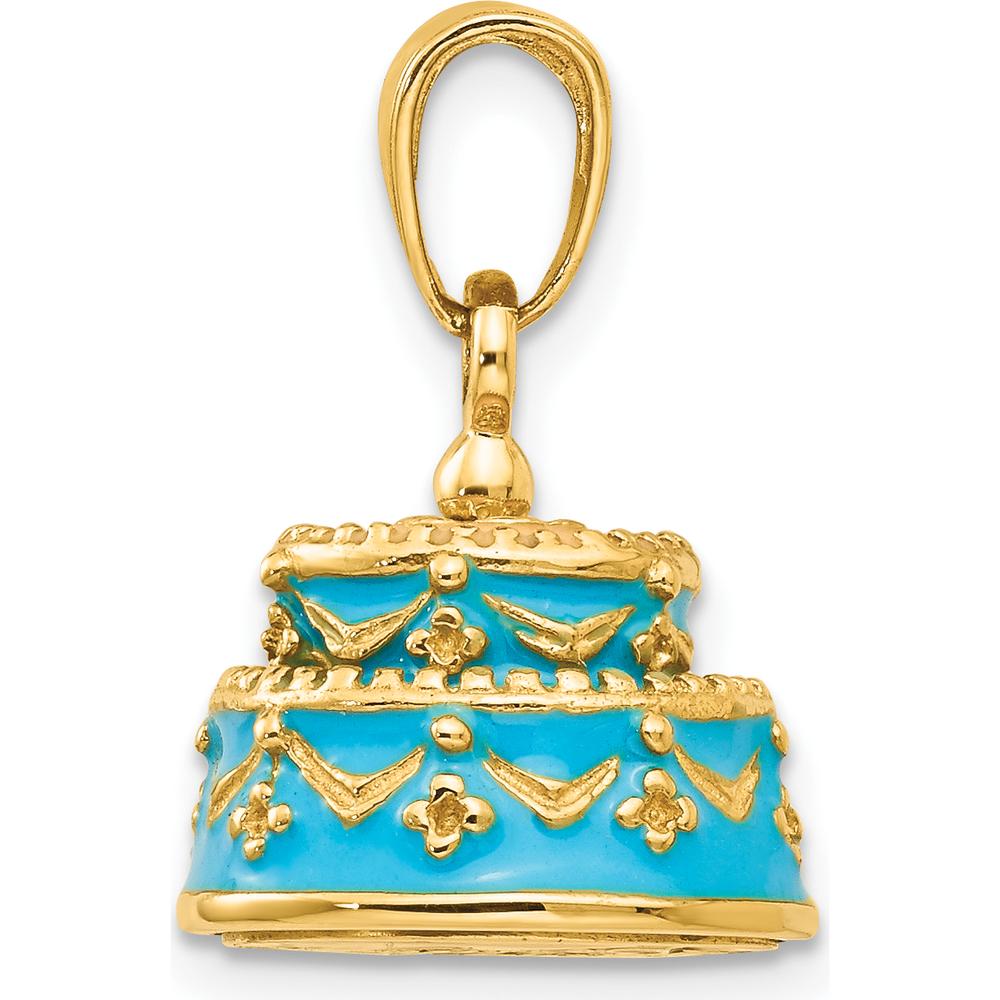 14K Yellow Gold 3D Aqua Blue Enamel Happy Birthday Cake Pendant by Oro Pregiato