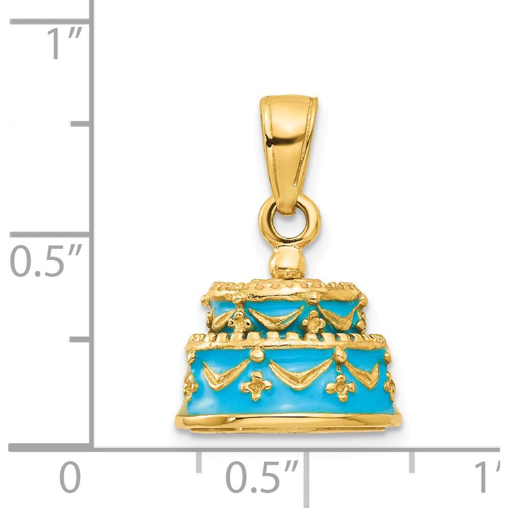 14K Yellow Gold 3D Aqua Blue Enamel Happy Birthday Cake Pendant by Oro Pregiato