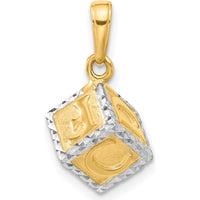 14K Yellow Gold 3D Baby Alphabet Block Pendant with White Rhodium Accents and Diamond-Cut Texture by Oro Pregiato