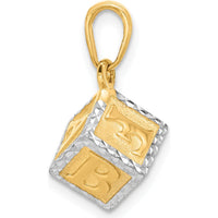 14K Yellow Gold 3D Baby Alphabet Block Pendant with White Rhodium Accents and Diamond-Cut Texture by Oro Pregiato