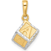 14K Yellow Gold 3D Baby Alphabet Block Pendant with White Rhodium Accents and Diamond-Cut Texture by Oro Pregiato