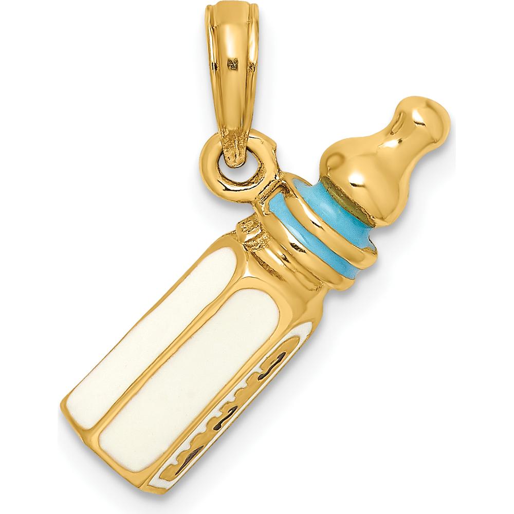 14K Yellow Gold 3D Baby Bottle Charm with Blue Enamel Accent by Oro Pregiato