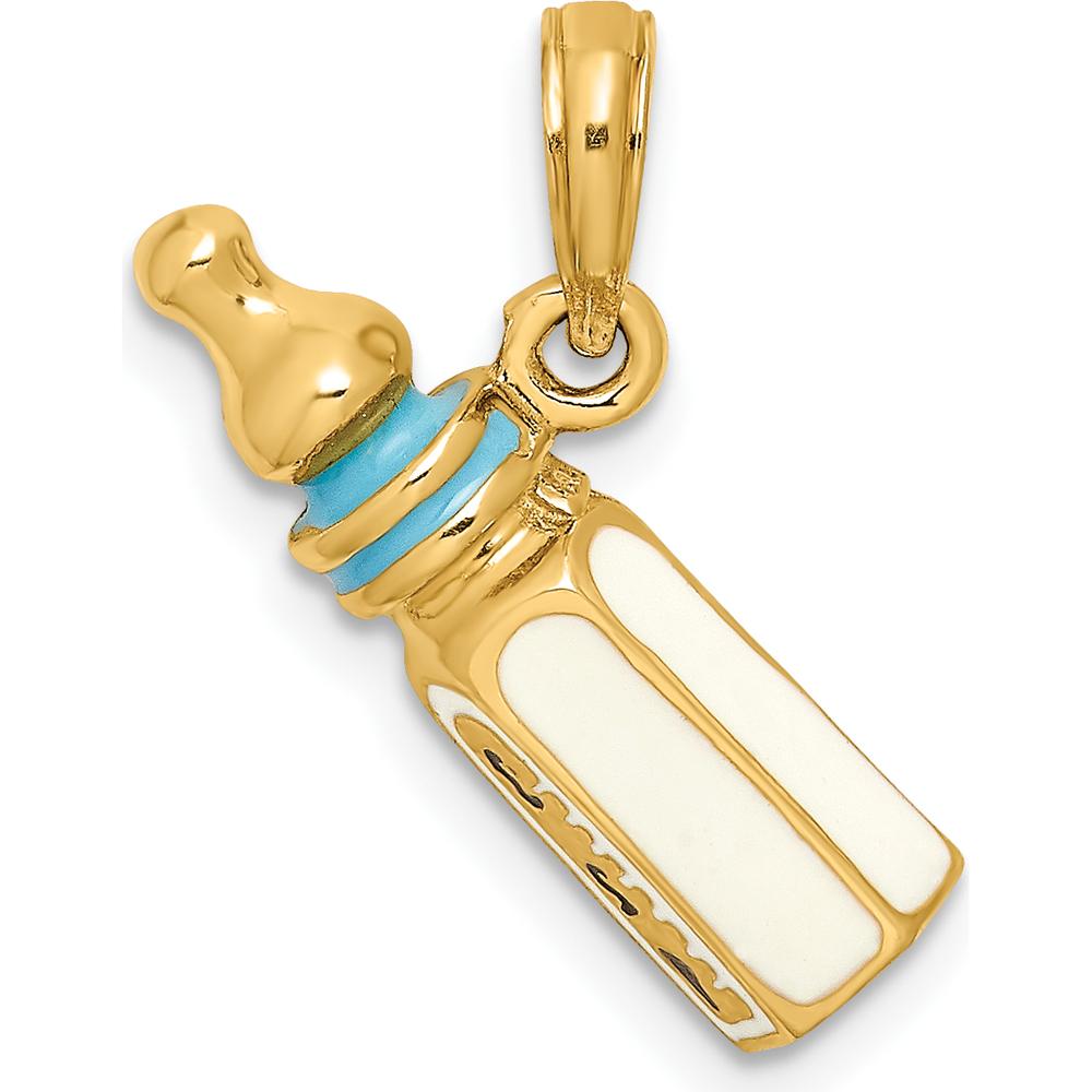 14K Yellow Gold 3D Baby Bottle Charm with Blue Enamel Accent by Oro Pregiato