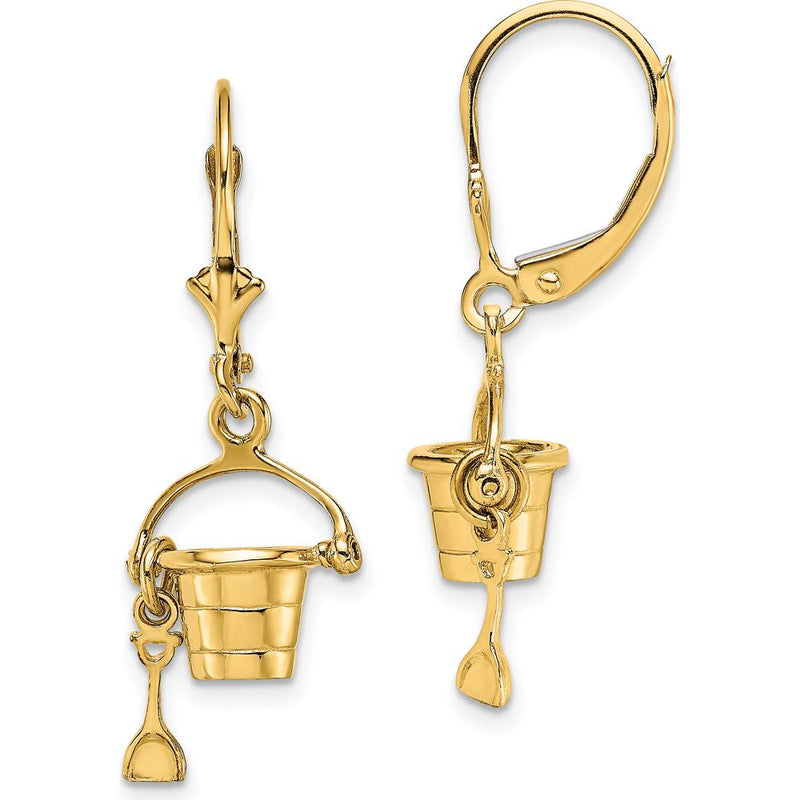 14K Yellow Gold 3D Beach Bucket and Shovel Leverback Drop Earrings by 0